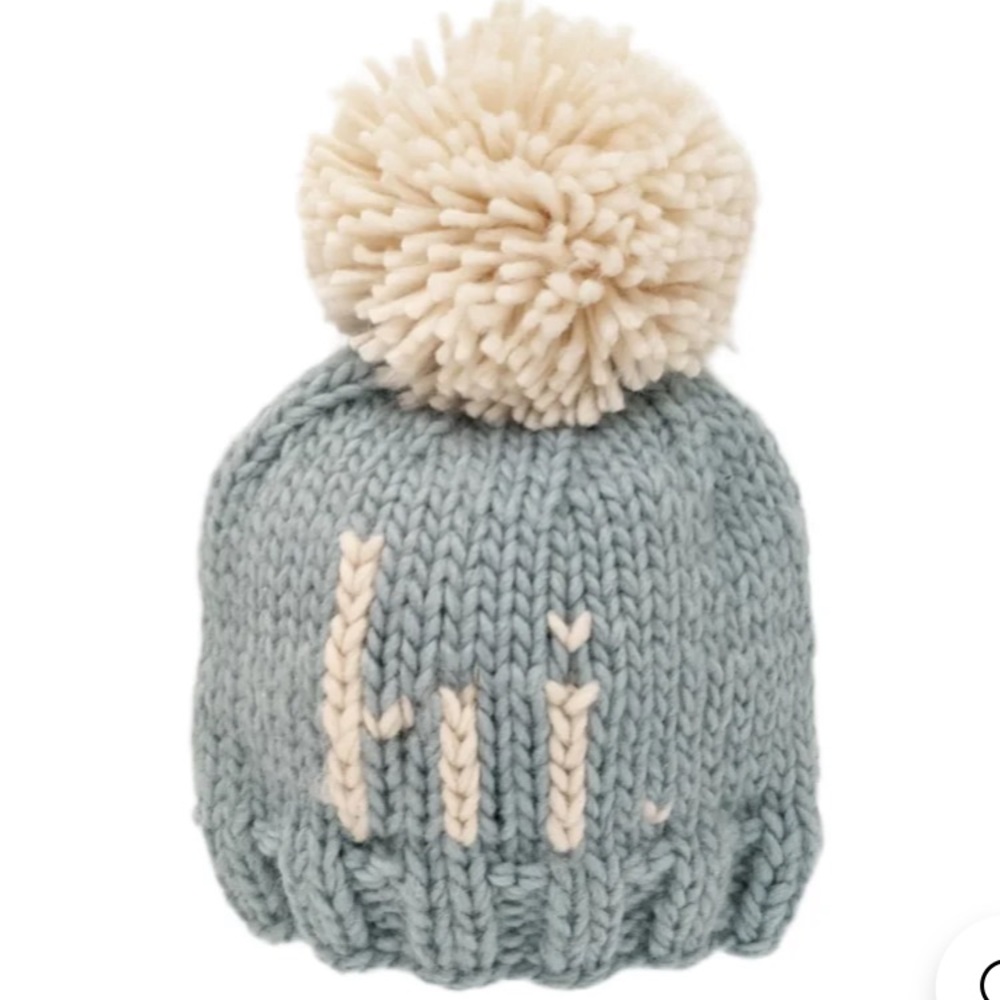 Huggalugs “Hi” Blue and Cream Knit Pom-Pom Beanie NWT